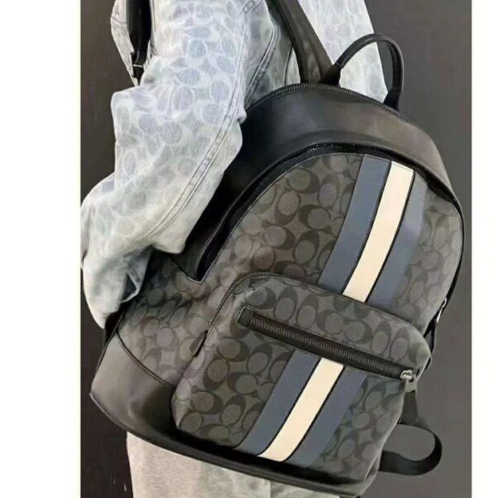 Coach West Black & Gray Signature Canvas Stripe Backpack 🎒